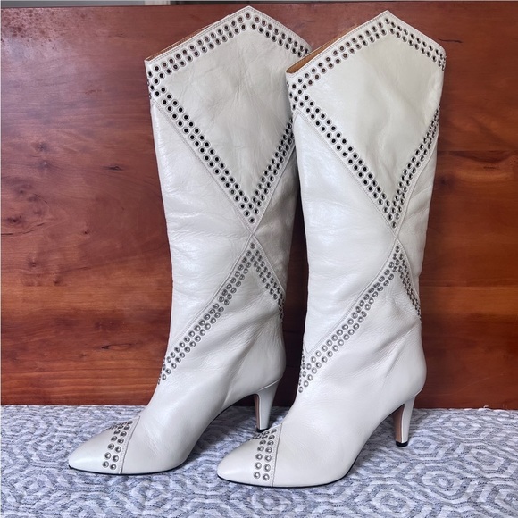 ISABEL MARANT “Lahia” White Eyelet Leather Calf High Heeled Boots Size 7 - Picture 2 of 11
